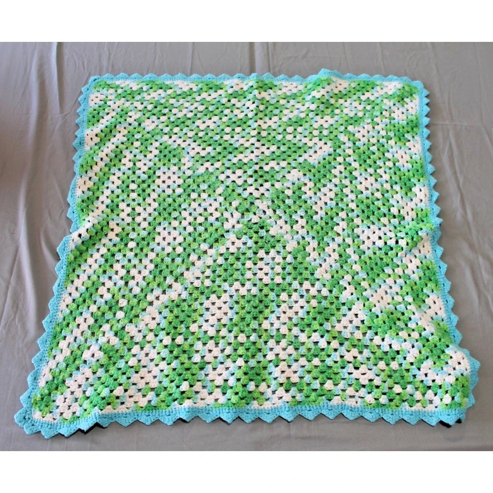 Handmade Vintage Crochet Baby Blanket Green White Teal Knit Unisex 33x29